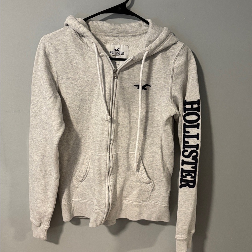 Hollister‎ Y2K Grey Heather Logo Sleeve Full Zip Fleece Hoodie Sweatshirt XS